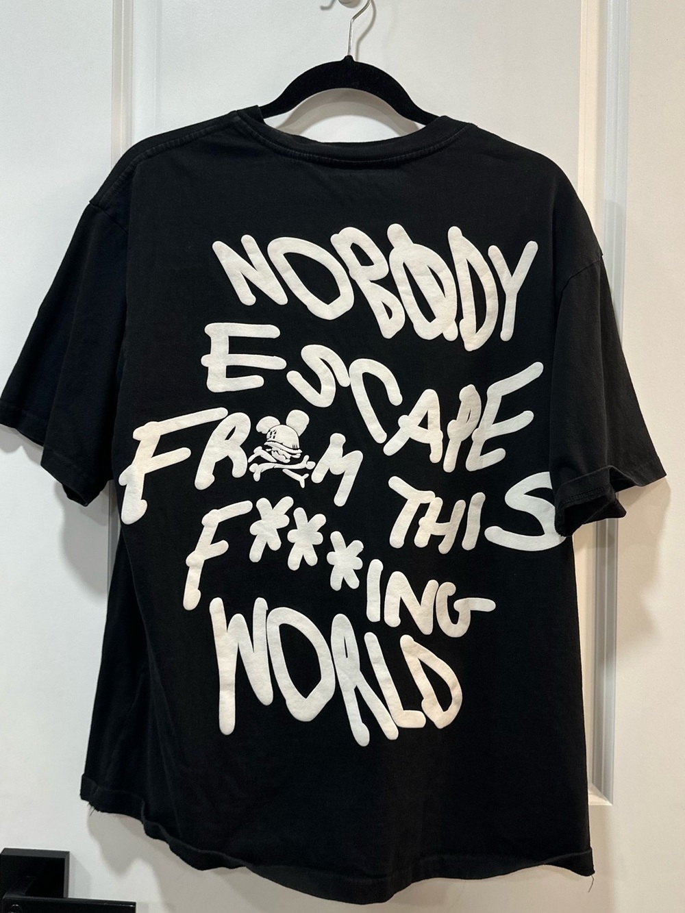 Black Graphic Tee with White Script Back Print